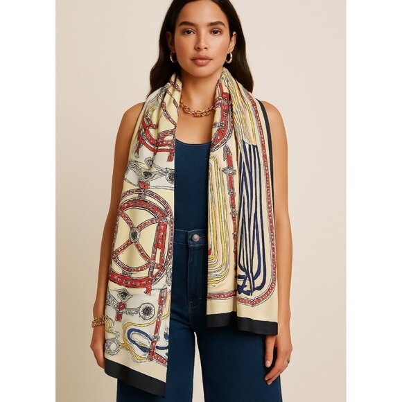 Designer Silk Scarf Beige Gold Red Navy Women’s Equestrian Print Chic Luxury - Picture 9 of 10